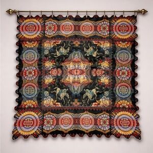 Vintage Scalloped Italian Equestrian Tapestry Wall Hanging Table Cloth